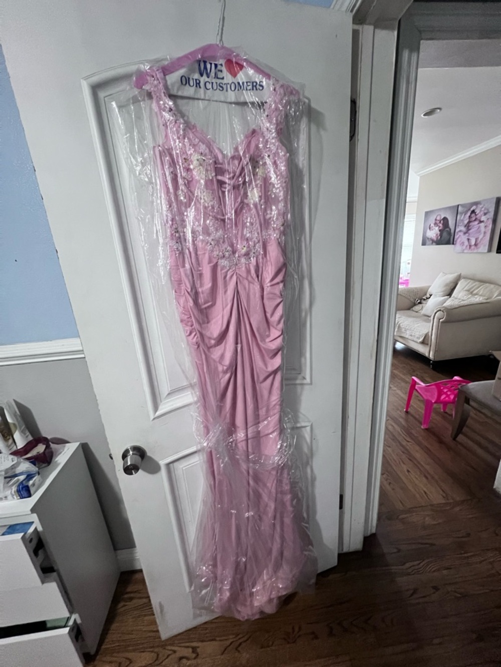 Elegant Pink Evening Gown with Lace Detail